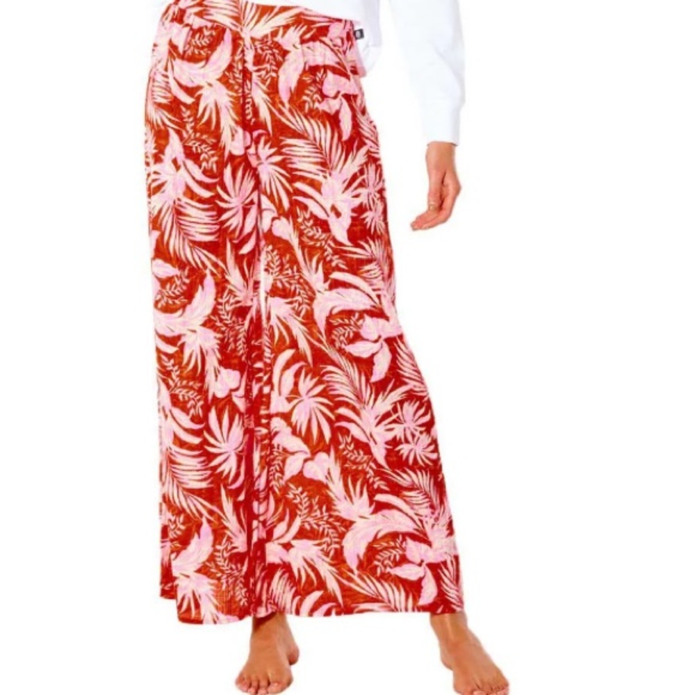 Rip curl linen-textured sun rays wide leg breezy lounge pants pink red L nwt